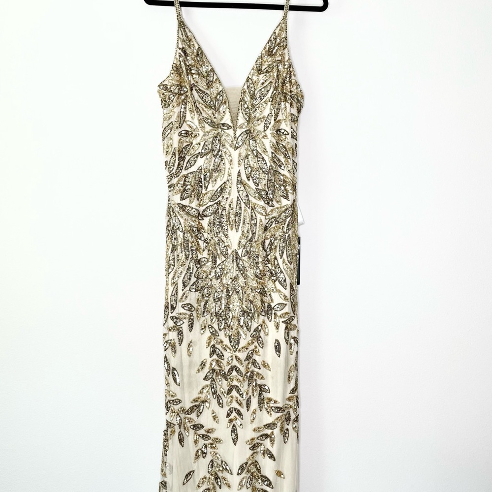 NWT Mac Duggal Embellished Leaf Evening Gown Nude Gold - Picture 5 of 7